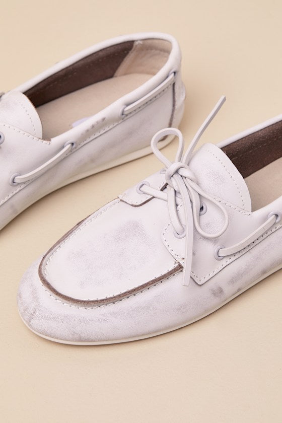 SAG White Leather Distressed Lace-Up Loafers