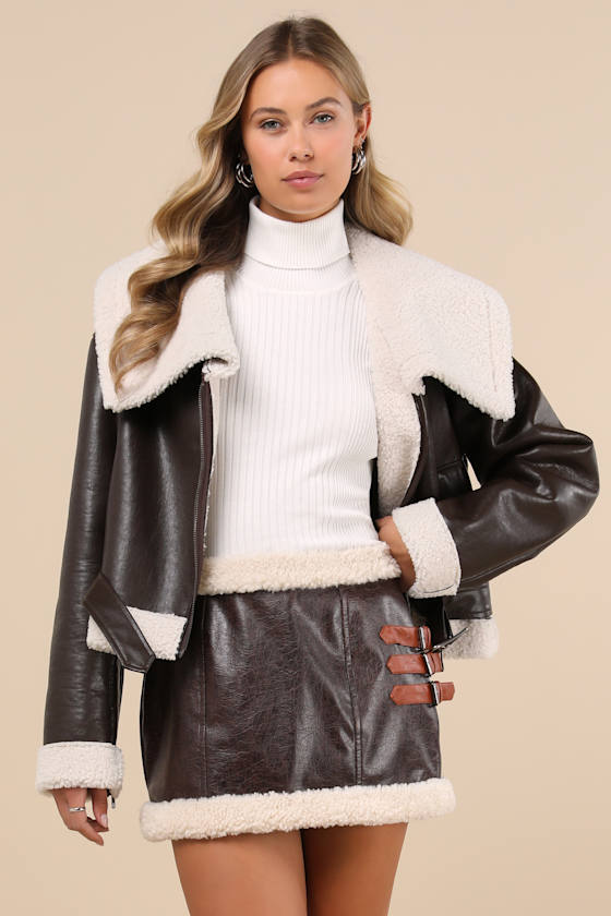 Flirty in Fall Dark Brown Vegan Leather Faux Fur Mini Skirt