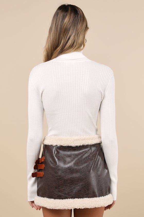 Flirty in Fall Dark Brown Vegan Leather Faux Fur Mini Skirt