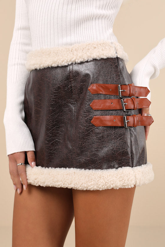 Flirty in Fall Dark Brown Vegan Leather Faux Fur Mini Skirt