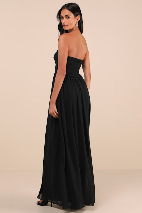 Luxe Favorite Black Strapless Ruched Maxi Dress