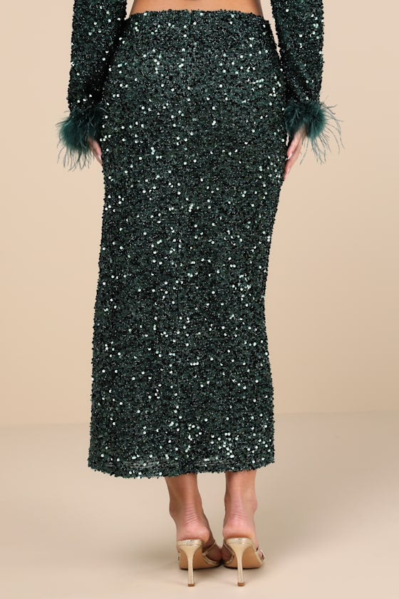 Sparkling Behavior Emerald Green Sequin High-Rise Midi Skirt
