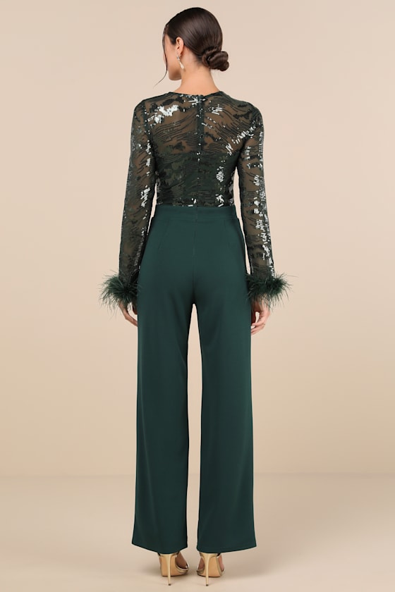 Limitless Radiance Green Sequin Feather Long Sleeve Jumpsuit