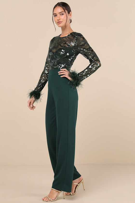 Limitless Radiance Green Sequin Feather Long Sleeve Jumpsuit