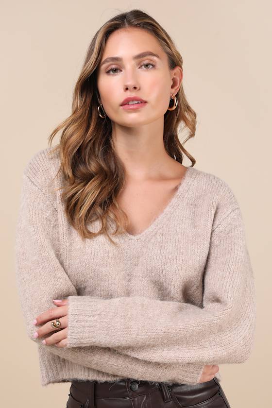 Coquette Cozy Heather Taupe Long Sleeve Bow Pullover Sweater