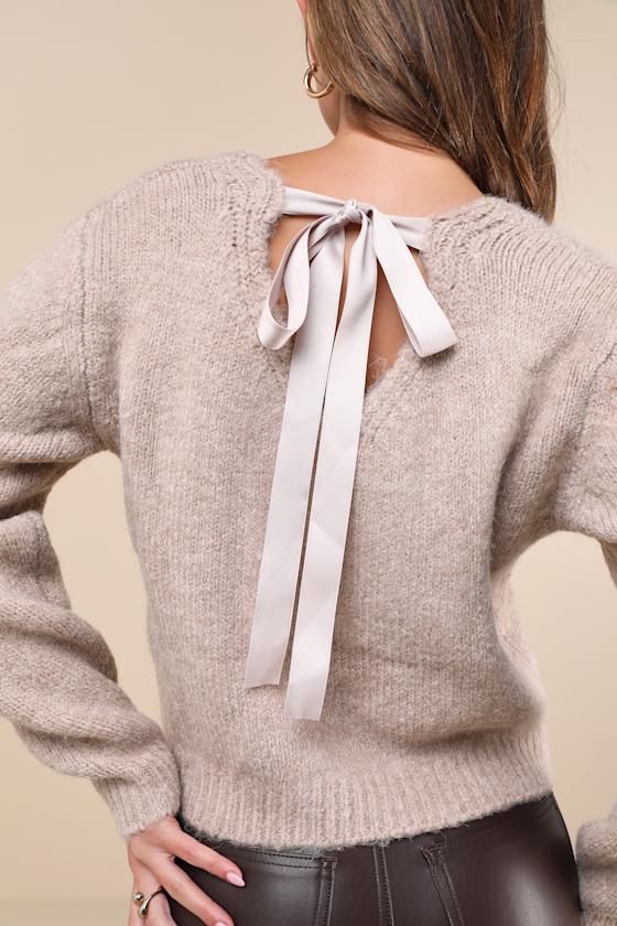 Coquette Cozy Heather Taupe Long Sleeve Bow Pullover Sweater