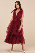 Flawless Arrival Burgundy Tulle Tie-Strap Tiered Maxi Dress