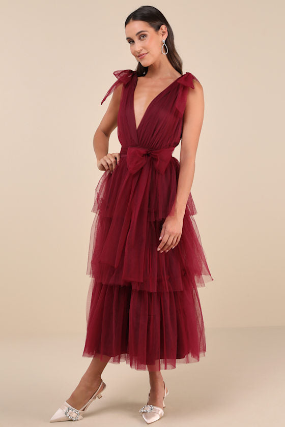 Flawless Arrival Burgundy Tulle Tie-Strap Tiered Maxi Dress