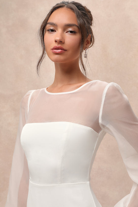 Immaculate Romance White Sheer Organza Long Sleeve Maxi Dress