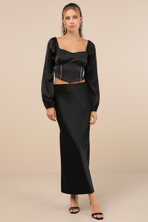 Glitteringly Gorgeous Black Rhinestone Cropped Long Sleeve Top