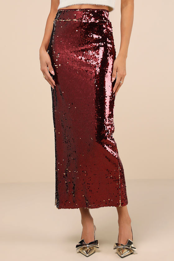 Dazzling Appearance Burgundy Sequin High-Rise Midi Skirt