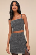 Charismatically Cute Black Tweed Rhinestone Sleeveless Crop Top