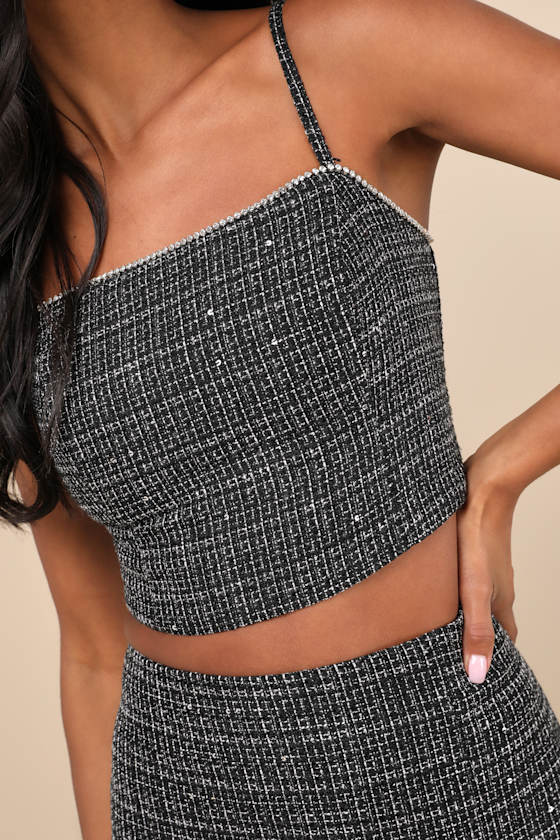 Charismatically Cute Black Tweed Rhinestone Sleeveless Crop Top