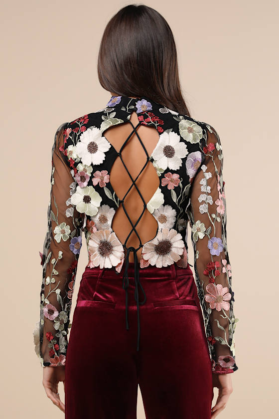 Fantastic Charisma Black 3D Floral Lace-Up Top
