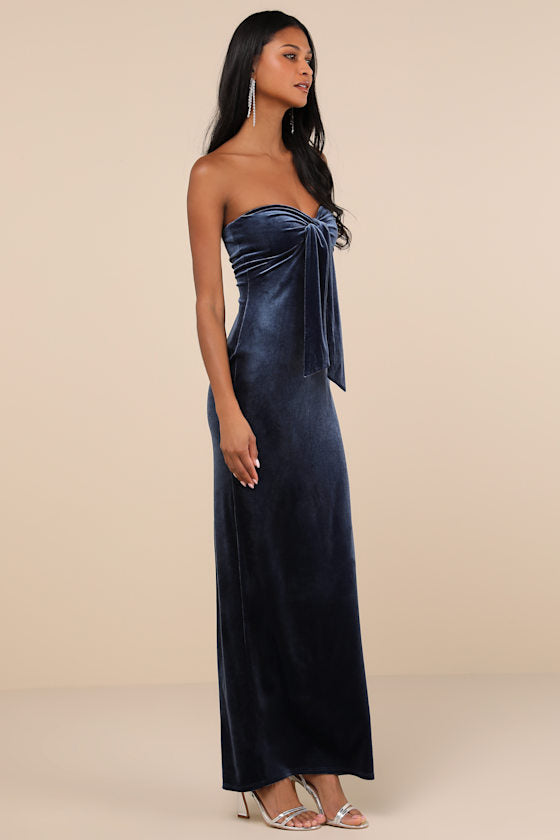 Divine Existence Navy Blue Velvet Tie-Front Strapless Maxi Dress
