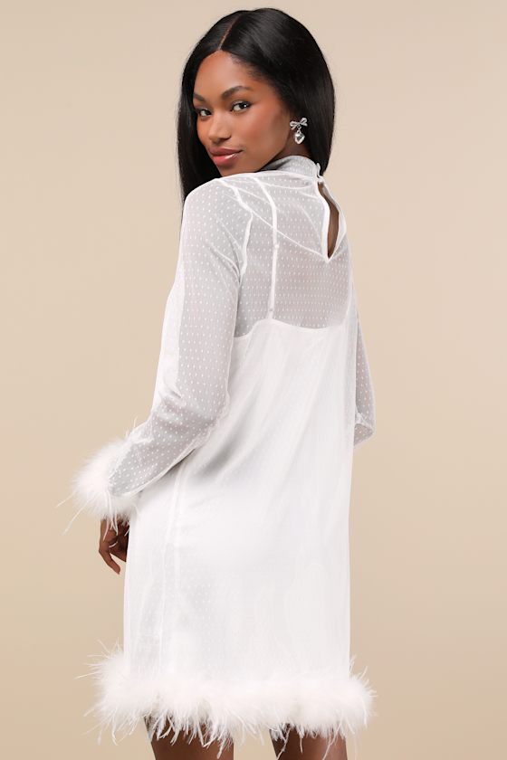 Immaculate Charisma White Mesh Feather Long Sleeve Mini Dress