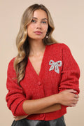Wintery Sparkle Heather Red Rhinestone Bow Cardigan