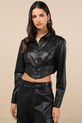 Exceptionally Intriguing Black Vegan Leather Button-Front Top