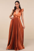 Exceptional Drama Rust Orange Satin Lace-Up Pleated Maxi Dress