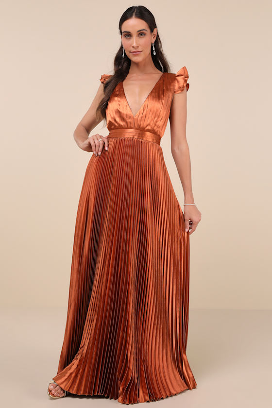 Exceptional Drama Rust Orange Satin Lace-Up Pleated Maxi Dress