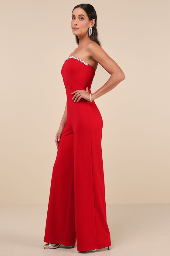 Lavish Muse Red Rhinestone Strapless Jumpsuit