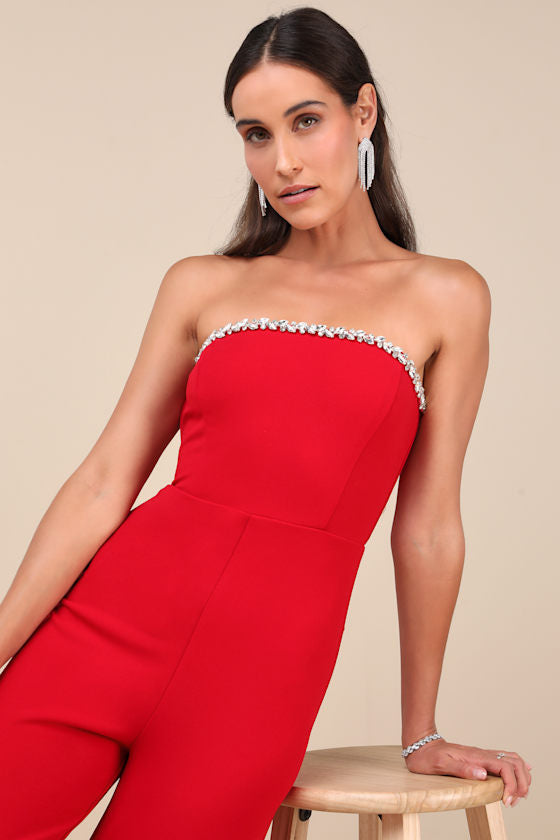 Lavish Muse Red Rhinestone Strapless Jumpsuit