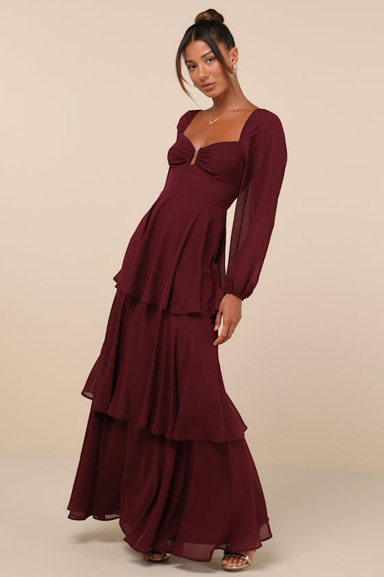 Tier to Enchant Burgundy Long Sleeve Tiered Maxi Dress