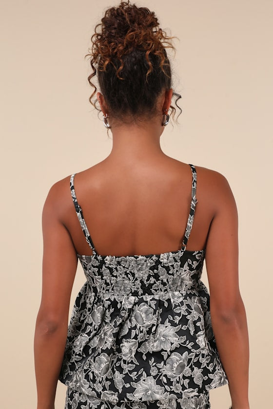 Bodi Black Floral Jacquard Peplum Top