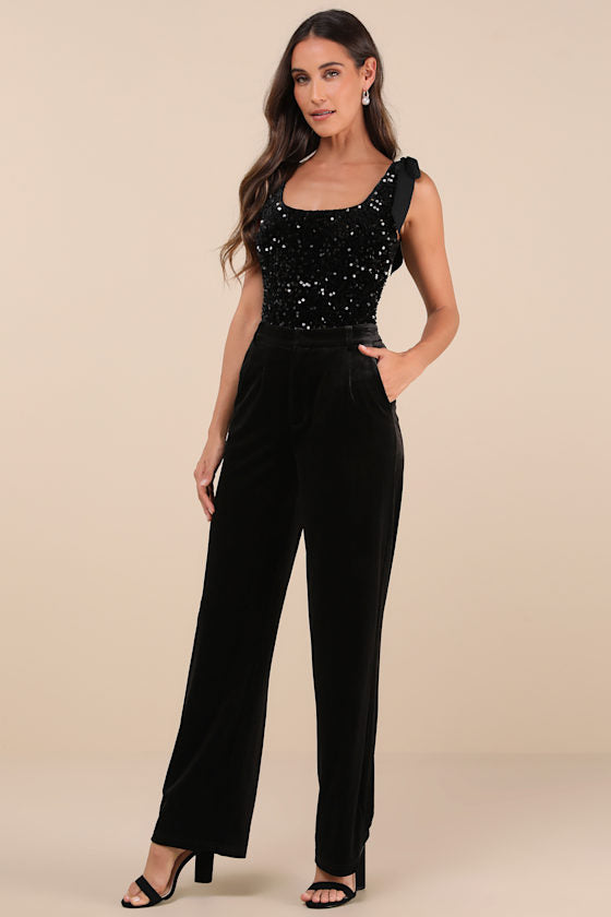 Adept Allure Black Velvet Sequin Tie-Strap Bodysuit