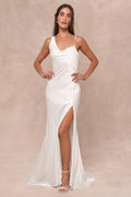 Unforgettable Adoration White Satin Asymmetrical Maxi Dress