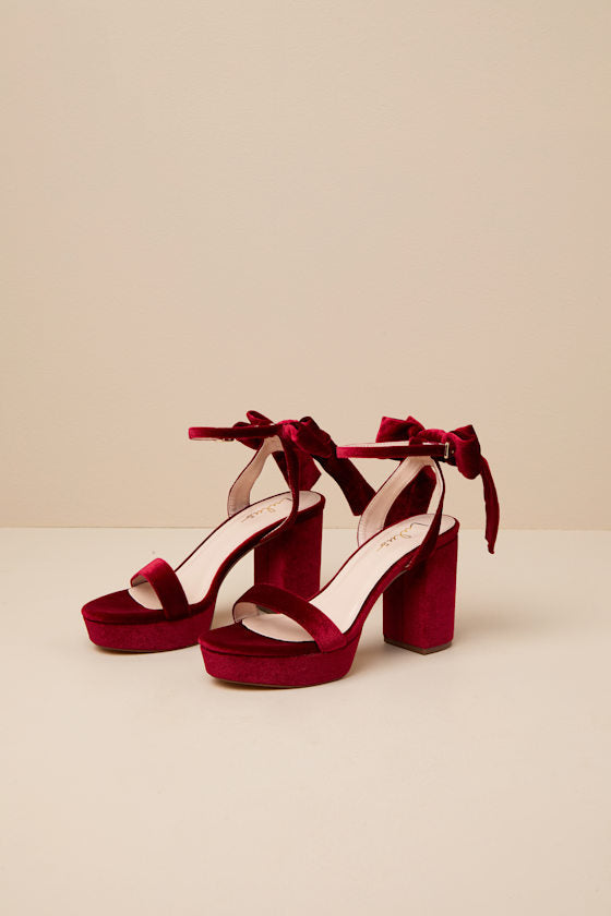 Sassyy Wine Velvet Bow Platform Ankle Strap Sandals