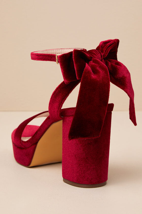 Sassyy Wine Velvet Bow Platform Ankle Strap Sandals