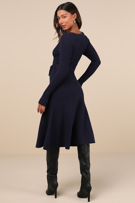 Warm Emotions Navy Blue Skater Midi Sweater Dress