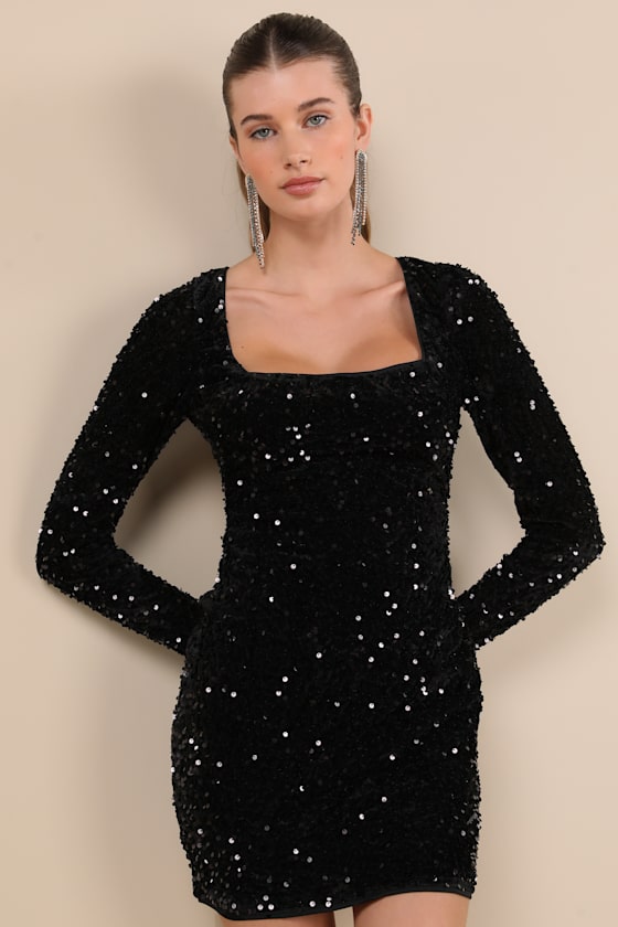 Marvelous Radiance Black Sequin Cutout Long Sleeve Mini Dress