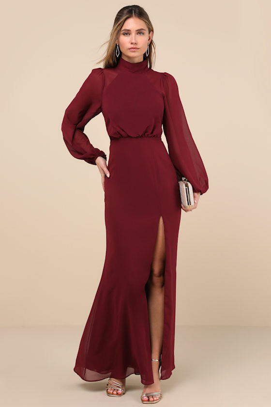 Graceful Entrance Plum Purple Long Sleeve Backless Maxi Dress