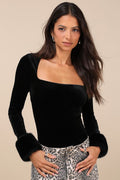 Toasty Allure Black Velvet Faux Fur Long Sleeve Bodysuit