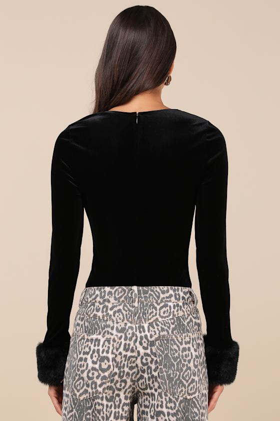 Toasty Allure Black Velvet Faux Fur Long Sleeve Bodysuit