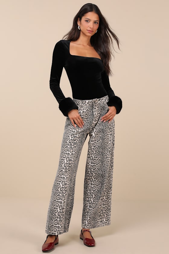 Toasty Allure Black Velvet Faux Fur Long Sleeve Bodysuit