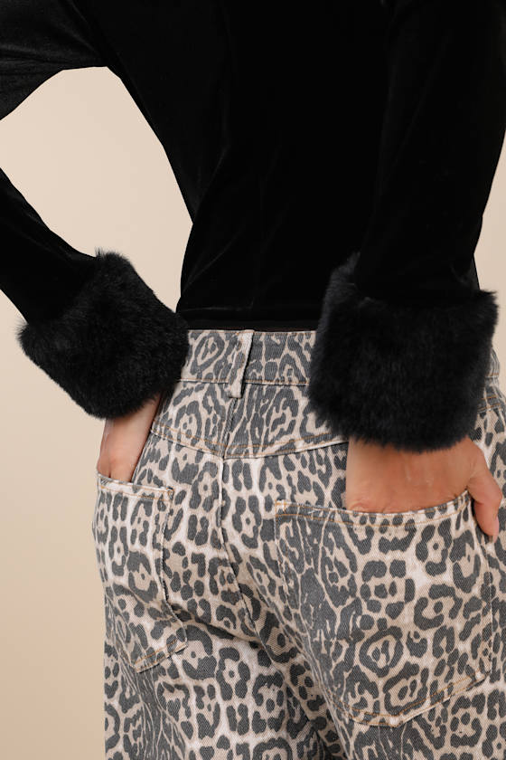 Toasty Allure Black Velvet Faux Fur Long Sleeve Bodysuit