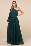 Divine Charm Green Pleated One-Shoulder Maxi Dress