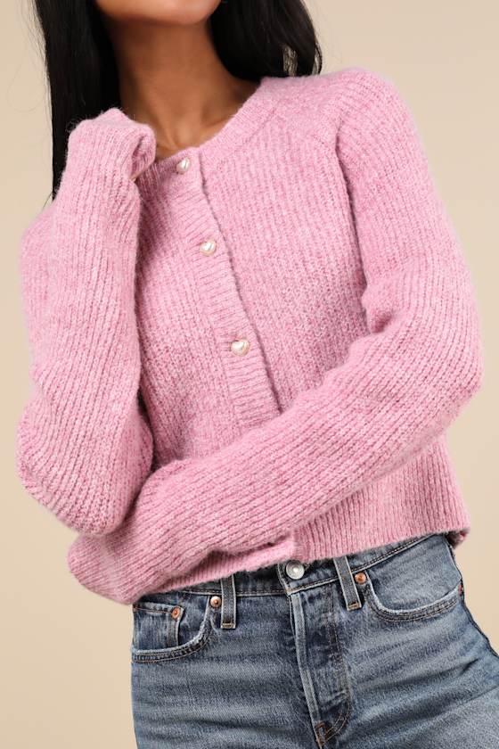 Coziest Crush Pink Marled Heart Button Cardigan