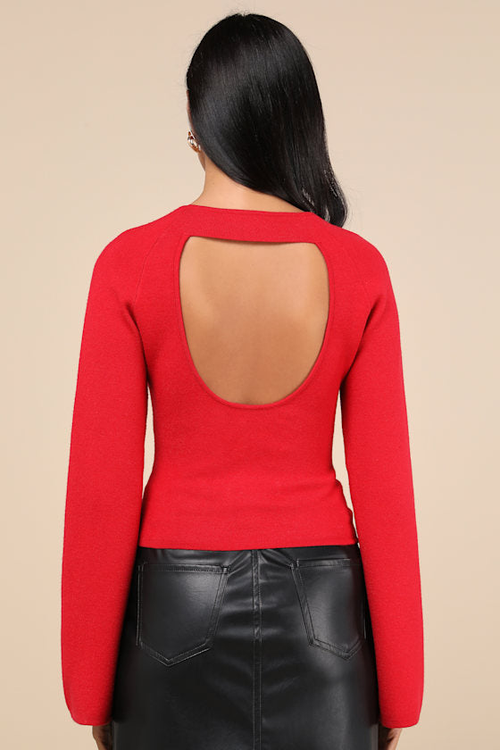 Modern Detail Red Cutout Bell Sleeve Sweater Top