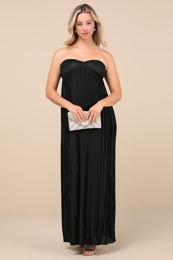 Whimsical Beauty Black Satin Plisse Strapless Maxi Dress