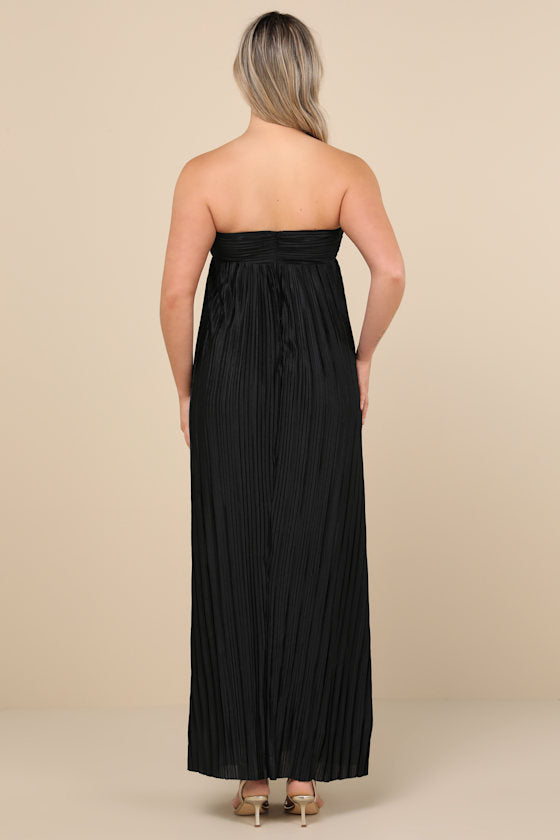 Whimsical Beauty Black Satin Plisse Strapless Maxi Dress