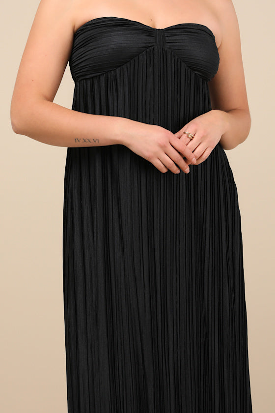 Whimsical Beauty Black Satin Plisse Strapless Maxi Dress