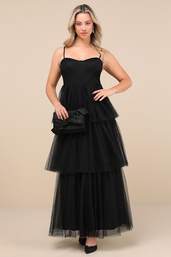 Tulle-y Amazing Black Tulle Sleeveless Bustier Maxi Dress