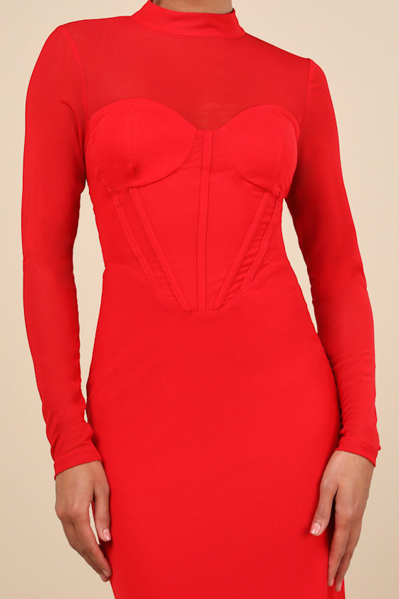 Sensational Appeal Red Mesh Cutout Long Sleeve Maxi Dress