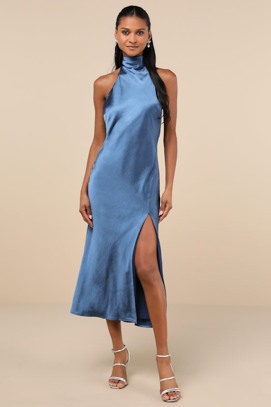 Exceptional Status Blue Halter Backless Slip Midi Dress