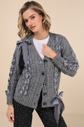 Hesper Heather Grey Cable Knit Lace-Up Cardigan Sweater