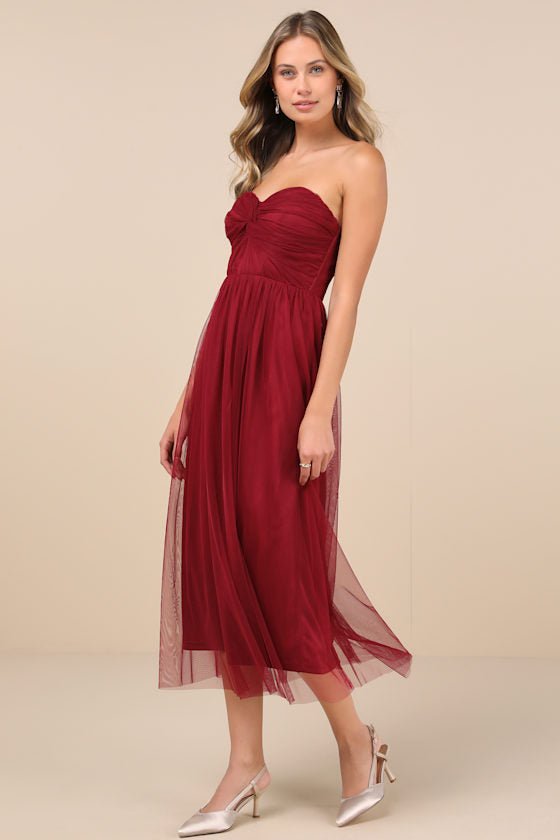 Perfect Whimsy Burgundy Mesh Strapless Midi Dress